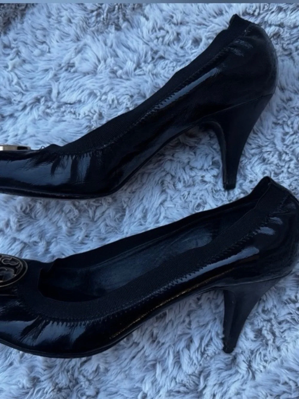 Tory Burch Black Patent Leather Logo heels with Gold Medallion